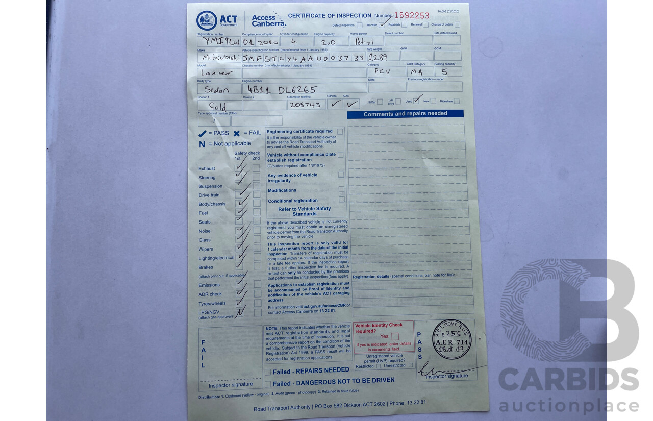 1/2010 Mitsubishi Lancer ES CJ MY10 4d Sedan Gold 2.0L