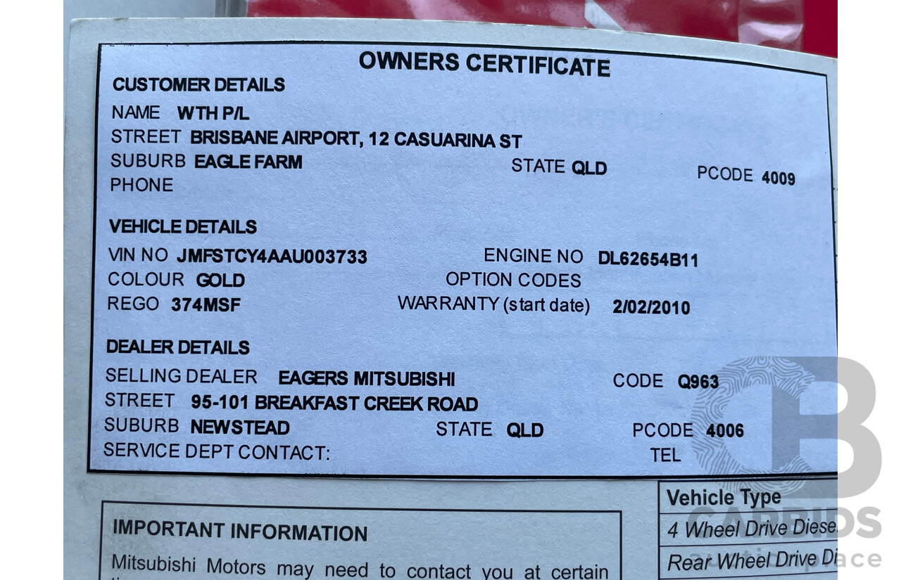 1/2010 Mitsubishi Lancer ES CJ MY10 4d Sedan Gold 2.0L