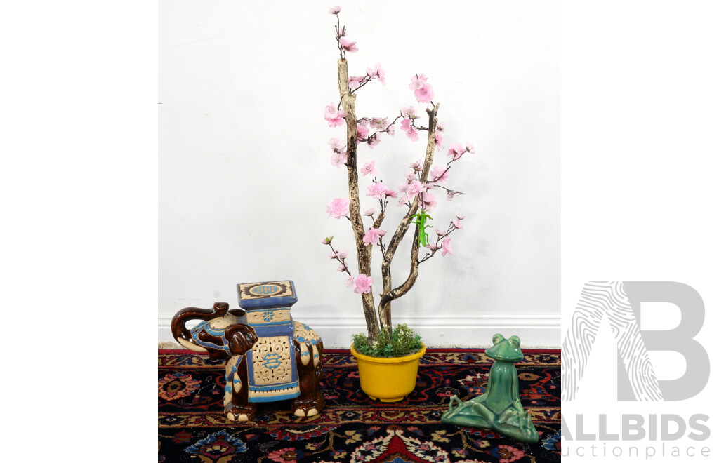 Chinese Glazed Planter Elephant Stool and Ceramic Frog