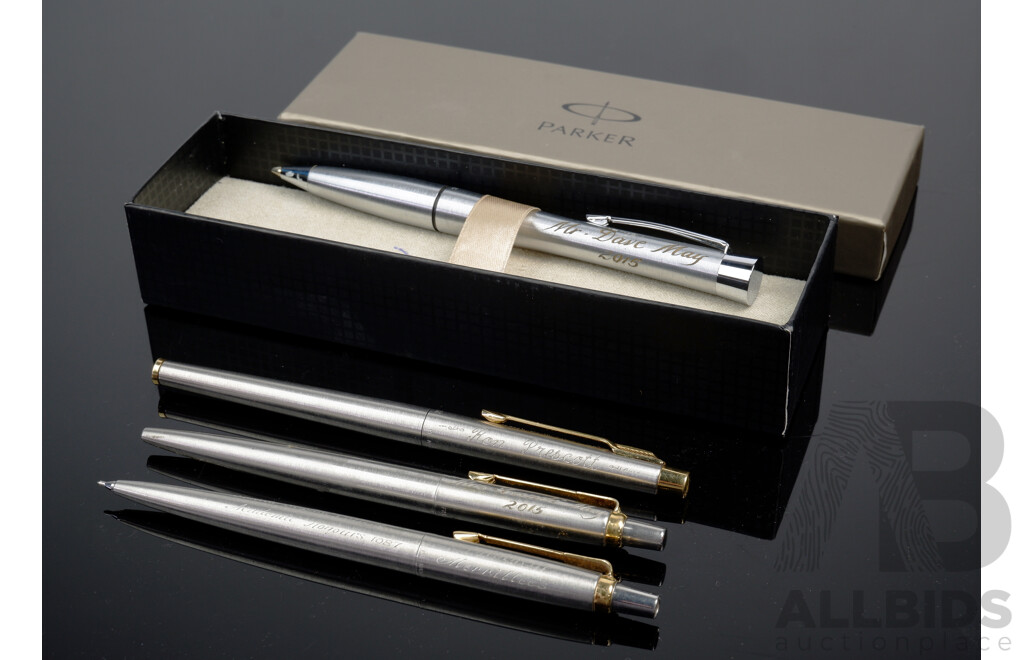 Collection Four Parker Ballpoint Pens with Various Inscriptions in Parker Box