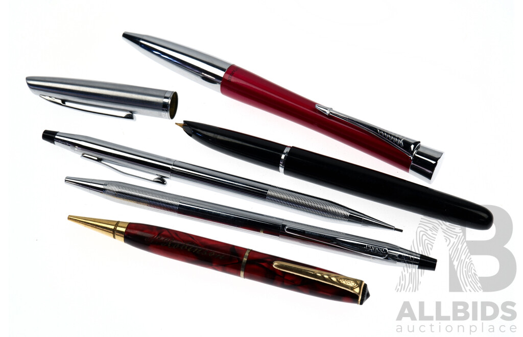 Collection Five Quality Ballpoint Pens, Pencils & Fountain Pen in Case Including Onoto Red and Gold Example, Platinum, Two Cross Examples and More