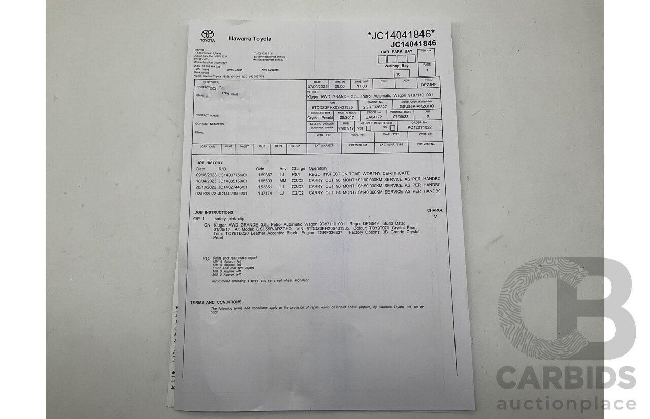 7/2017 Toyota Kluger Grande (4x4) GSU55R 4d Wagon Crystal Pearl White V6 3.5L