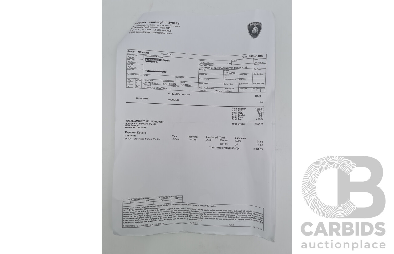 9/2015 Lamborghini Huracan LP 610-4 (AWD) 724 2d Coupe Grigio Nimbus Silver Metallic V10 5.2L