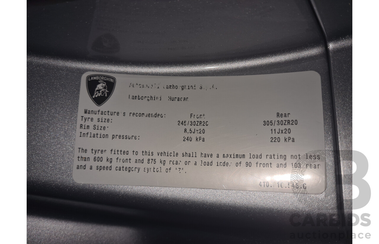 9/2015 Lamborghini Huracan LP 610-4 (AWD) 724 2d Coupe Grigio Nimbus Silver Metallic V10 5.2L