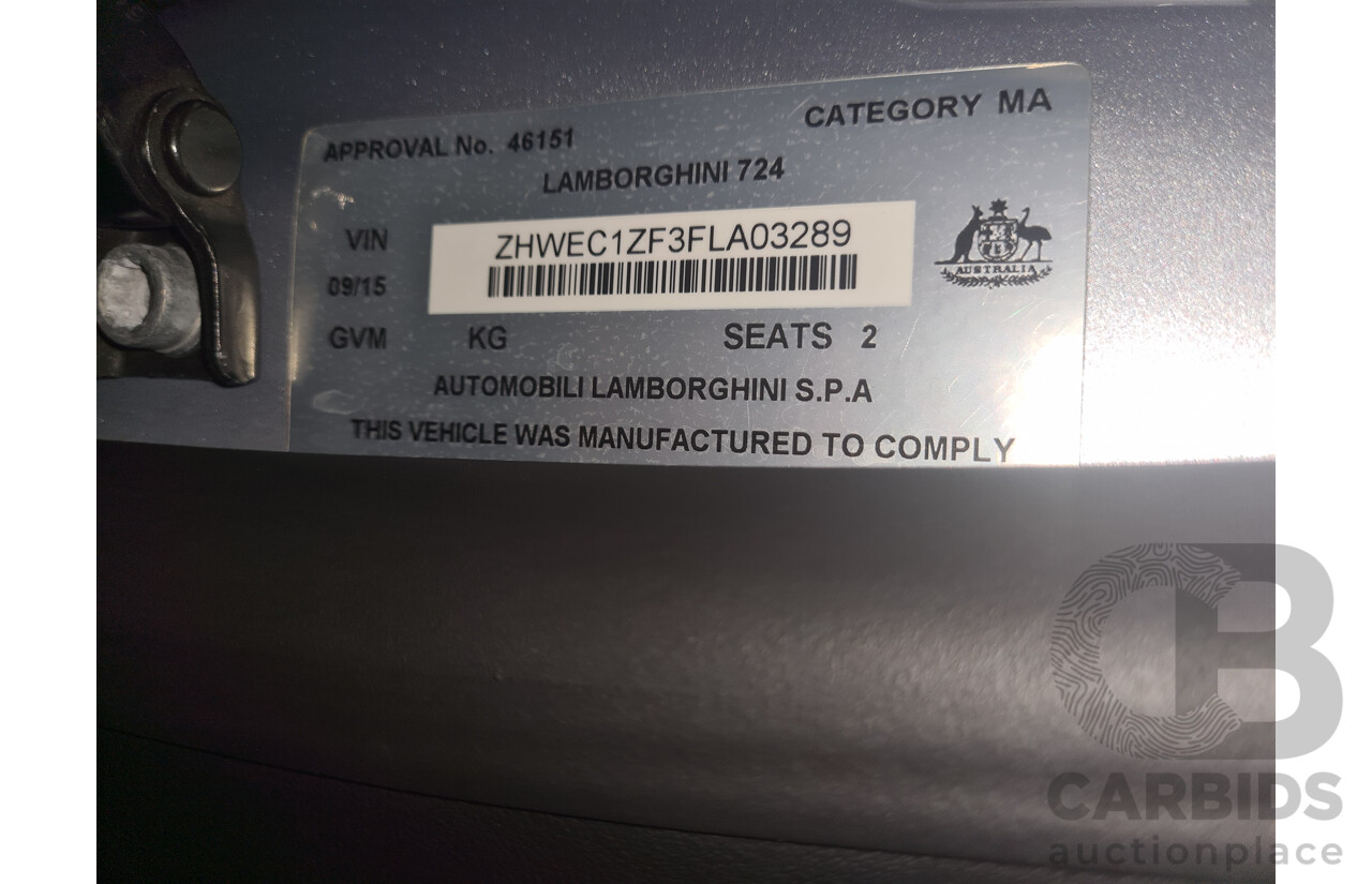 9/2015 Lamborghini Huracan LP 610-4 (AWD) 724 2d Coupe Grigio Nimbus Silver Metallic V10 5.2L