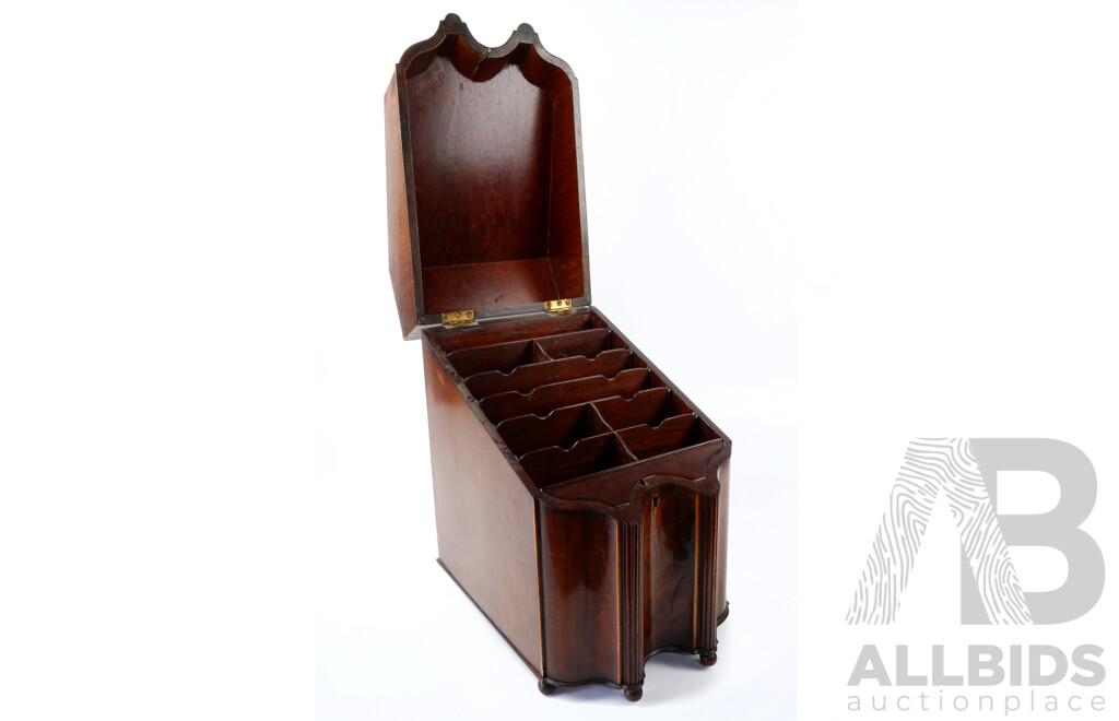 Antique Georgian Mahogany Desk Tidy with Marquetry Inlay to Lid and Twin Columnar Detail to Front
