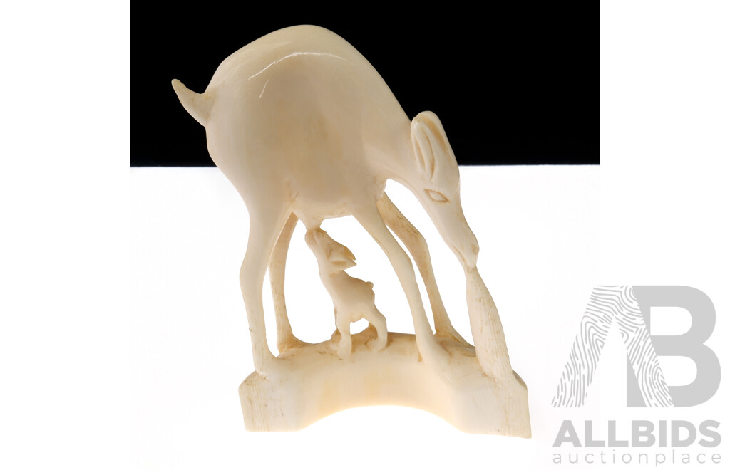Vintage Hand Carved Solid Ivory Deer with Suckling Fawn