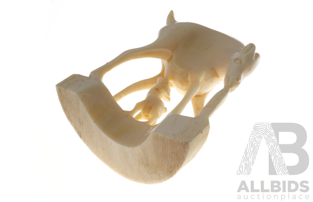 Vintage Hand Carved Solid Ivory Deer with Suckling Fawn