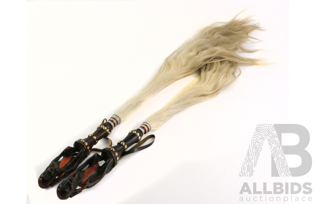 Pair Hand Carved  African Yoruba Irukere Ceremonial Cow Tail Fly Whisks with Anthropomorphic Figure Handles