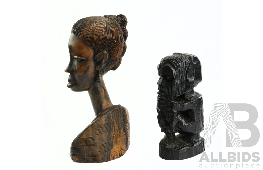 Two Hand Carved  African Ebony Busts
