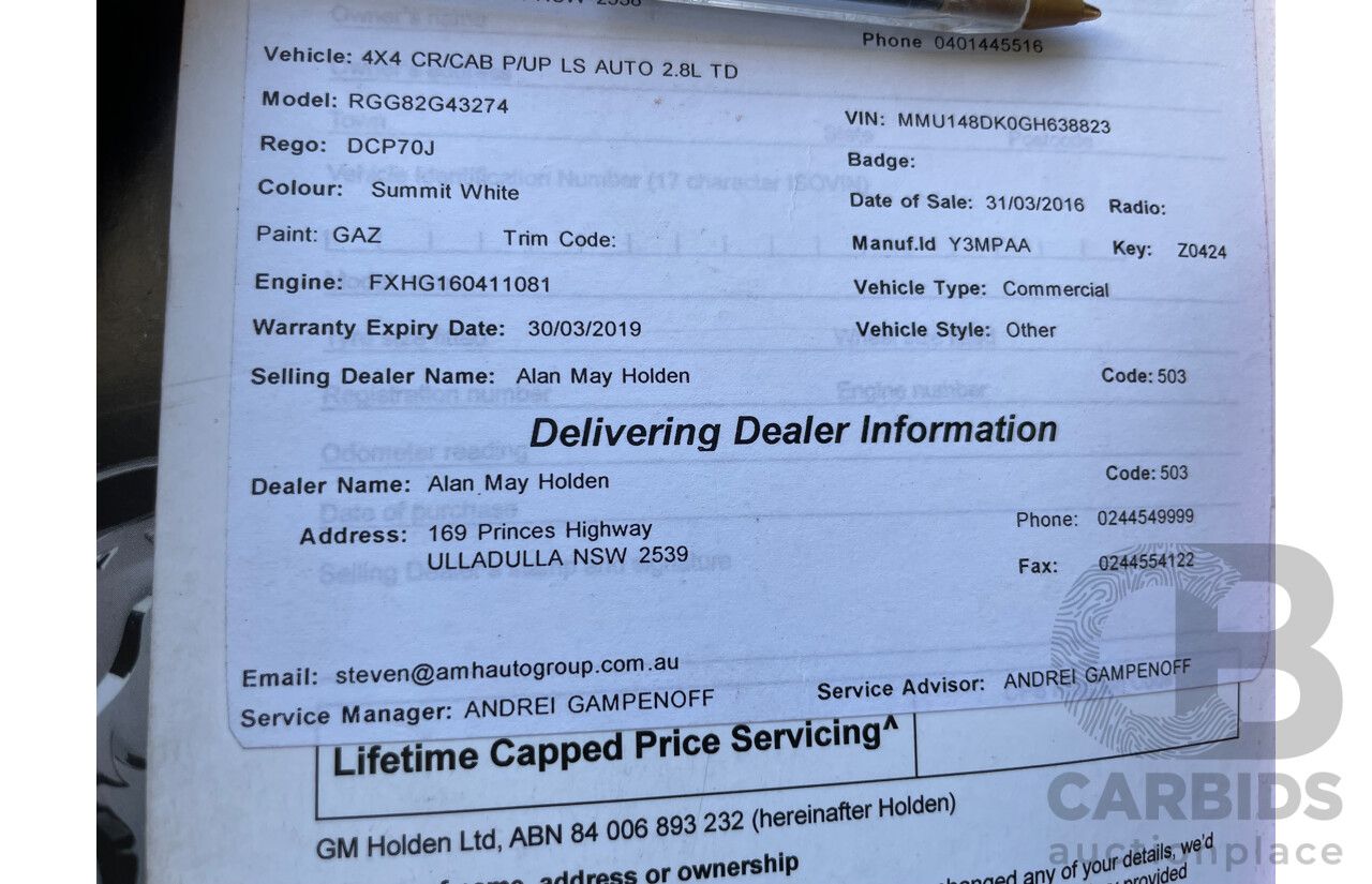 3/2016 Holden Colorado LS (4x4) RG MY15 C/Chas White 2.8L