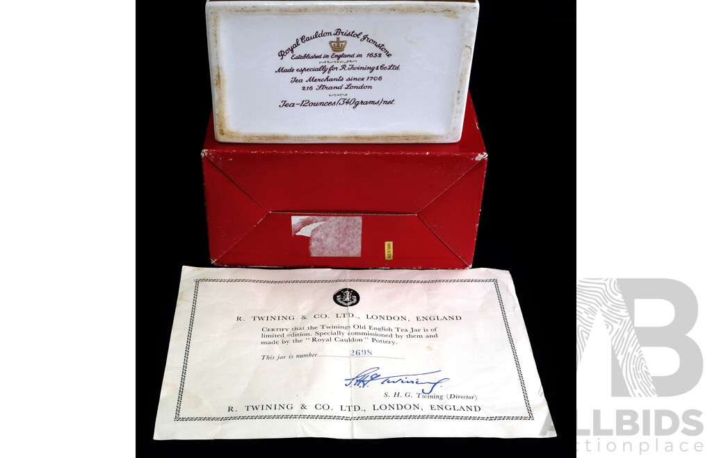 Vintage Limited Edition Number 2698 Porcelain Twinings Old English Tea Jar with Lid by Royal Cauldon Pottery with Certificate