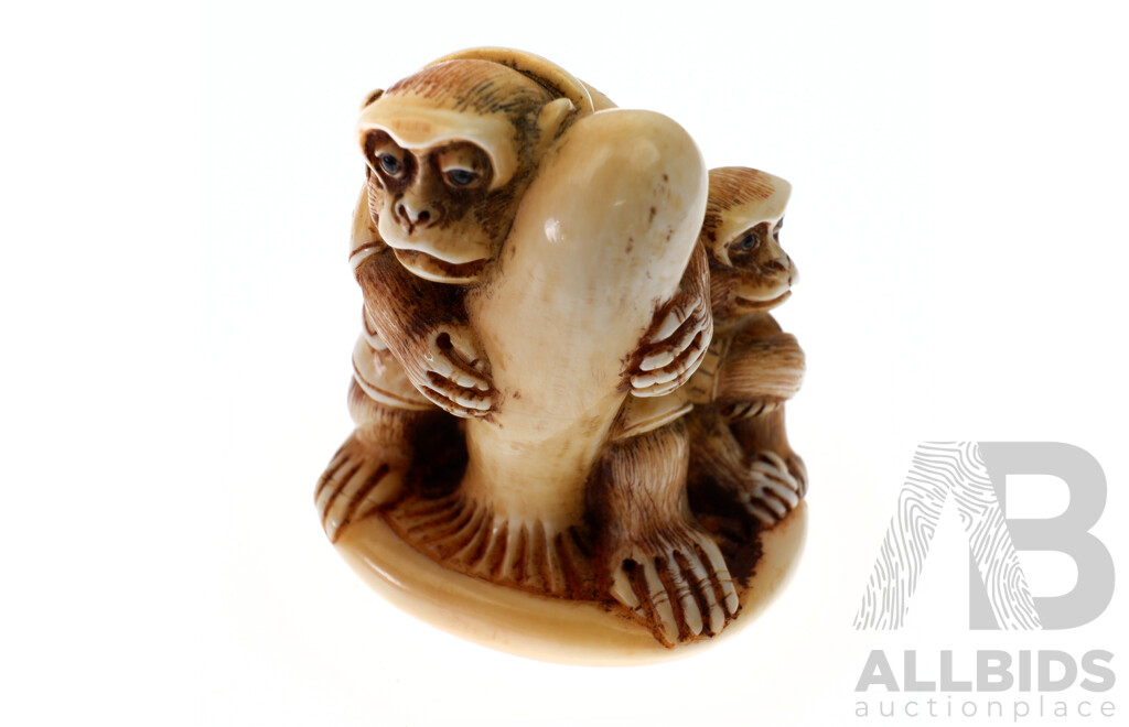 Antique Japanese Ivory Netsuke From the Masa Nao School Depicting Two Monkeys