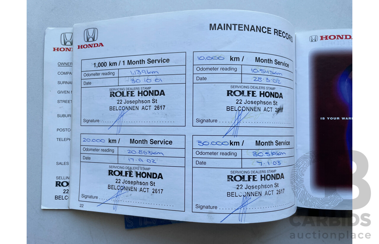 9/2001 Honda CRV (4x4)  4d Wagon Green 2.0L