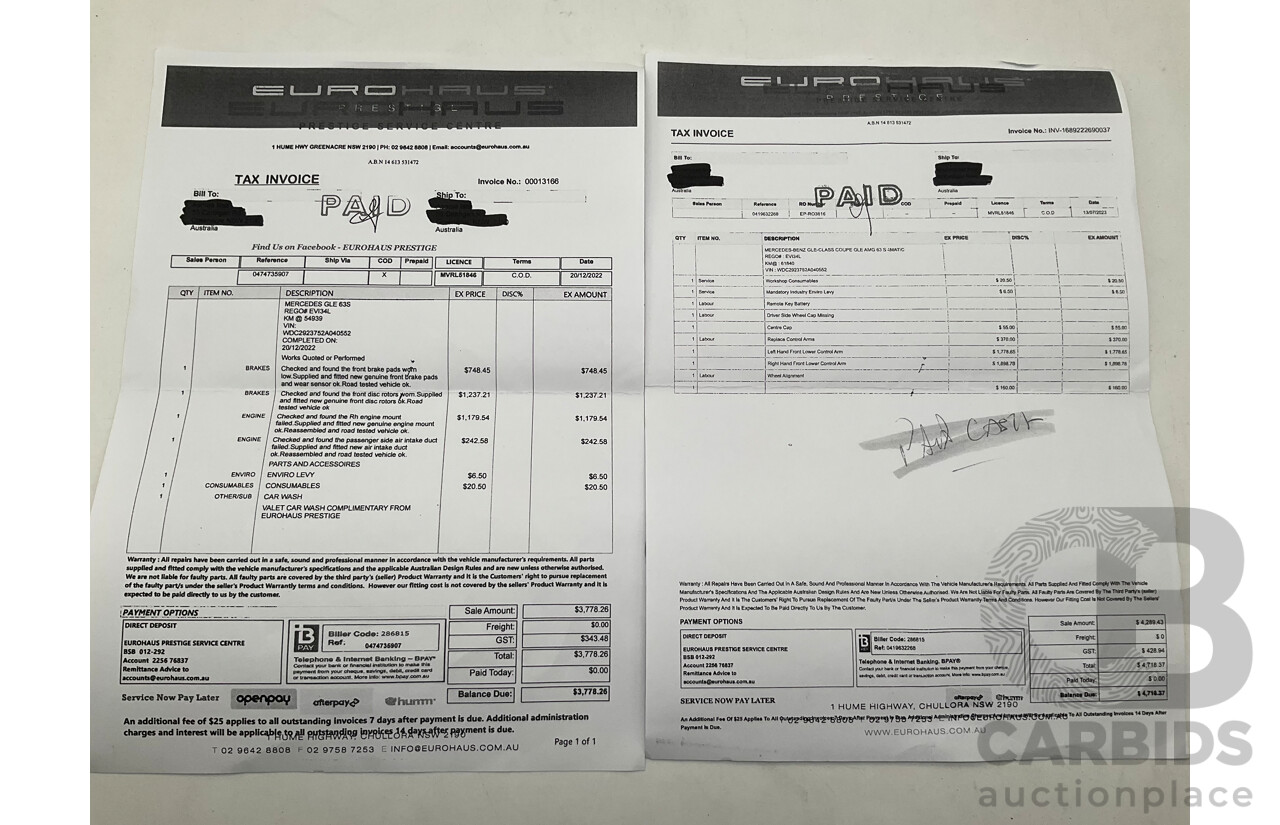 7/2016 Mercedes Benz GLE 63 S AMG C292 4Matic (AWD) 4d Coupe Obsidian Black Metallic Twin Turbo V8 5.5L