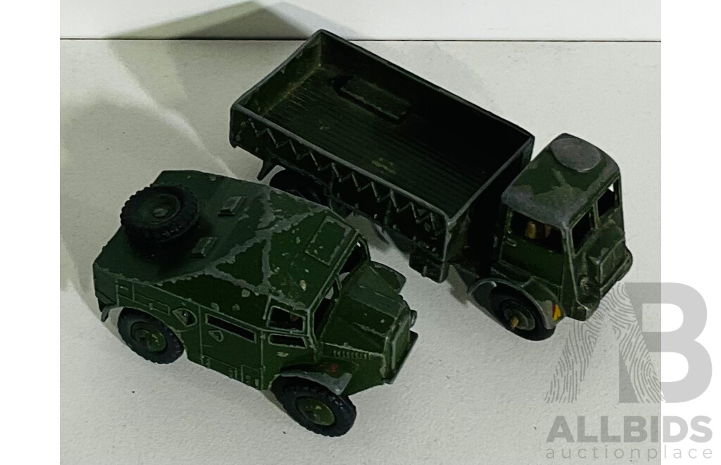 Vintage Diecast Dinky Toys Army Vehicles Including Army Wagon 623 and Field Artillery Tractor, Made in England
