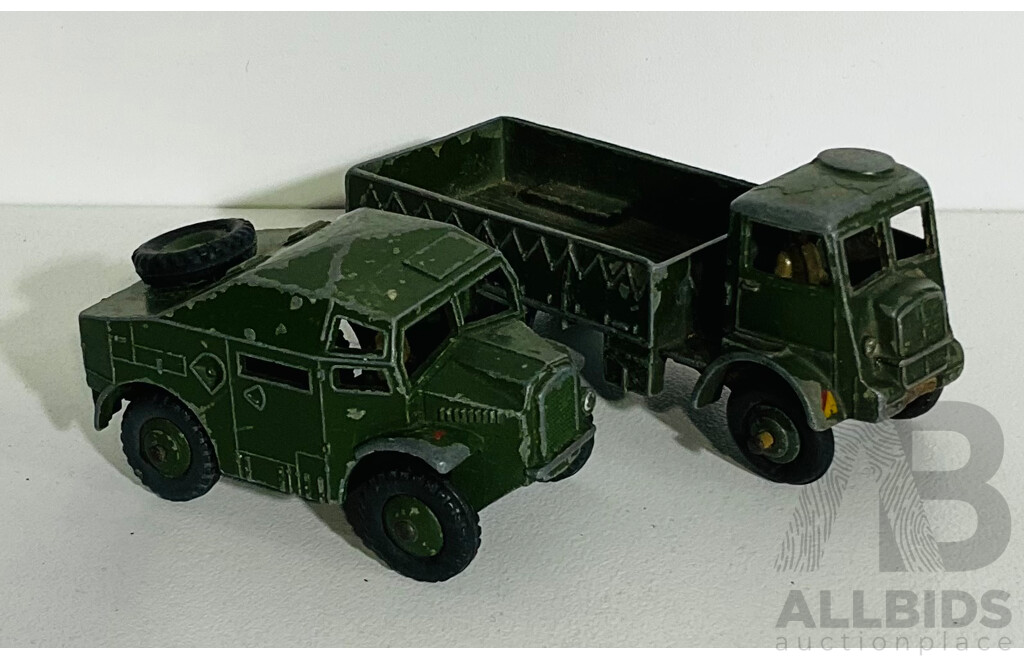 Vintage Diecast Dinky Toys Army Vehicles Including Army Wagon 623 and Field Artillery Tractor, Made in England