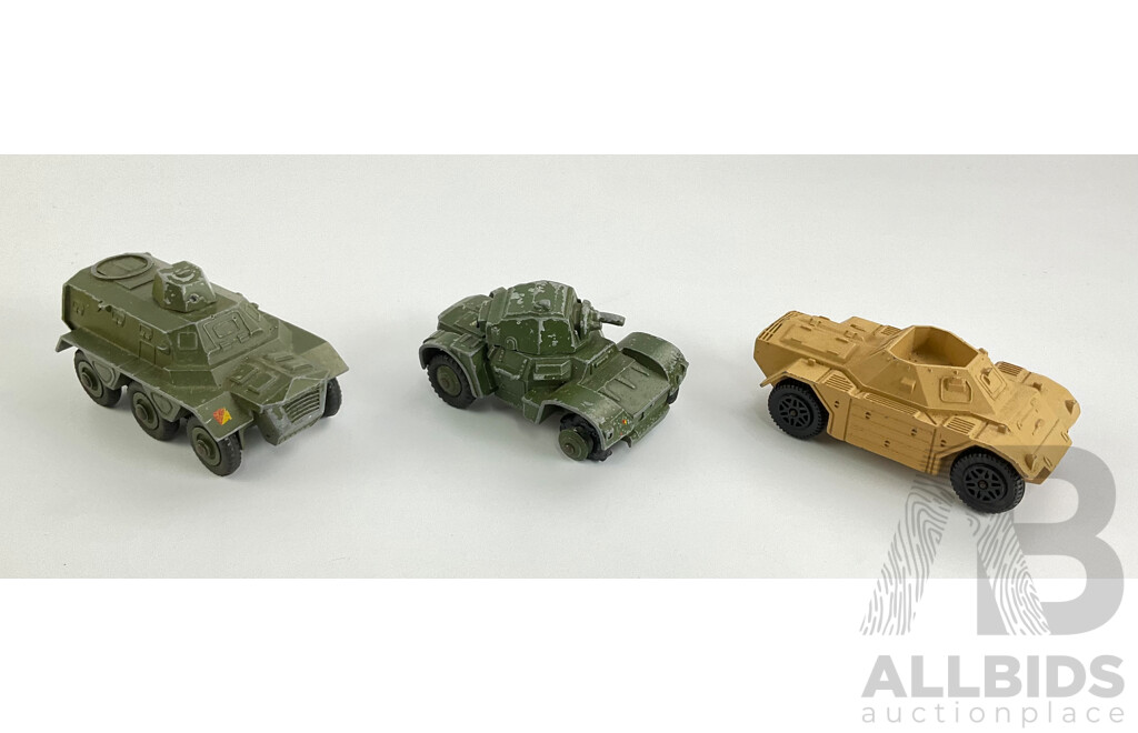 Vintage Diecast Dinky Toys Army Vehicles Including Ferret Scout Car Armoured Car, Personnel Carrier, Made in England