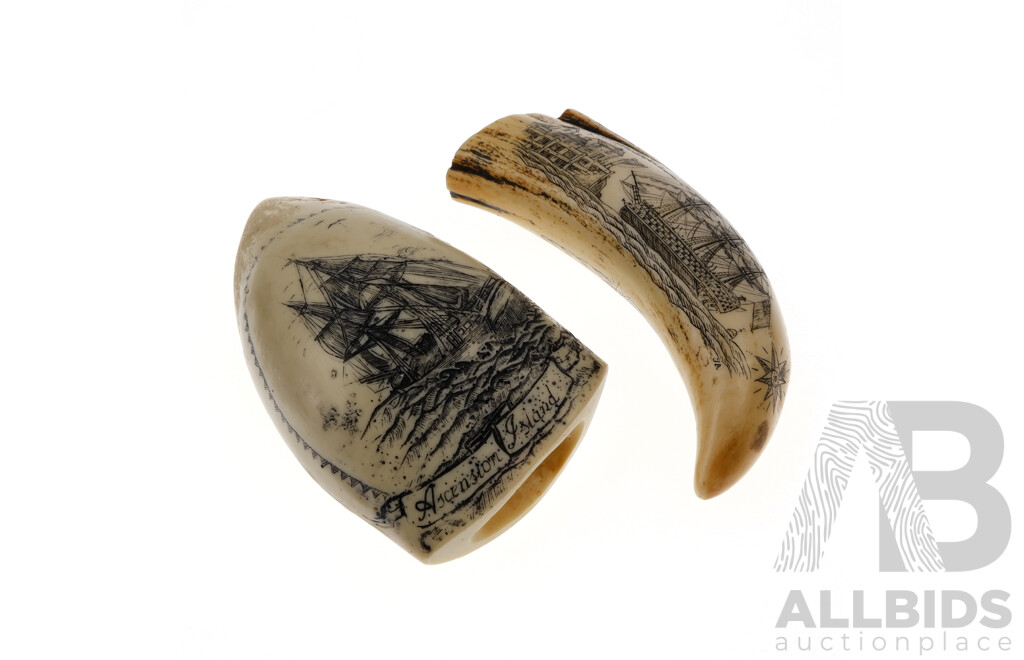 Two Scrimshaw Reproduction Whales Tooth Pieces
