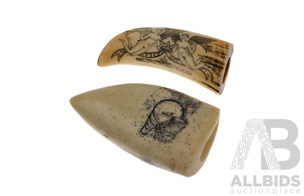 Two Scrimshaw Reproduction Whales Tooth Pieces