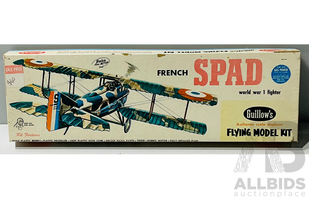 Vintage 1974 French Spad WW1 Guillow’s Brand Authentic Scale Airplane Flying Model Kit in Original Box