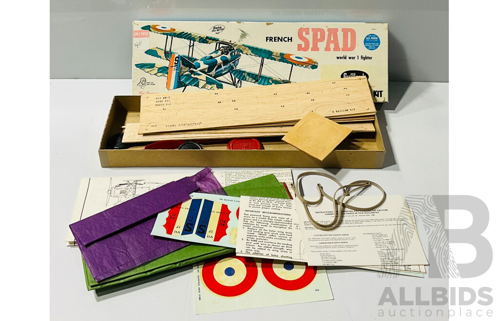 Vintage 1974 French Spad WW1 Guillow’s Brand Authentic Scale Airplane Flying Model Kit in Original Box