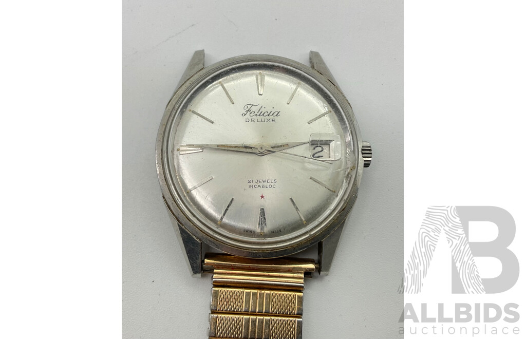 Three Vintage Felicia Watches Including Deluxe, Twenty One and Seventeen Jewel, Incabloc, Swiss Made