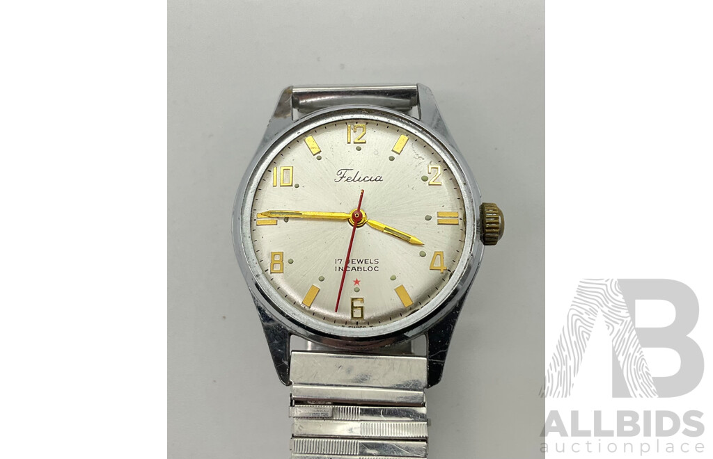 Three Vintage Felicia Watches Including Deluxe, Twenty One and Seventeen Jewel, Incabloc, Swiss Made