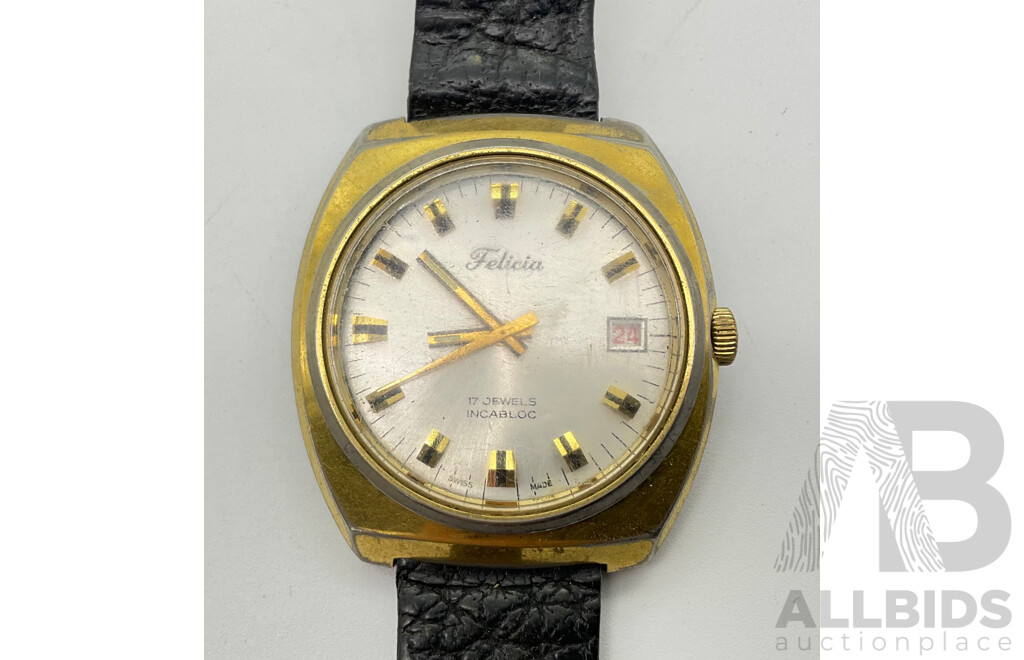 Three Vintage Felicia Watches Including Deluxe, Twenty One and Seventeen Jewel, Incabloc, Swiss Made