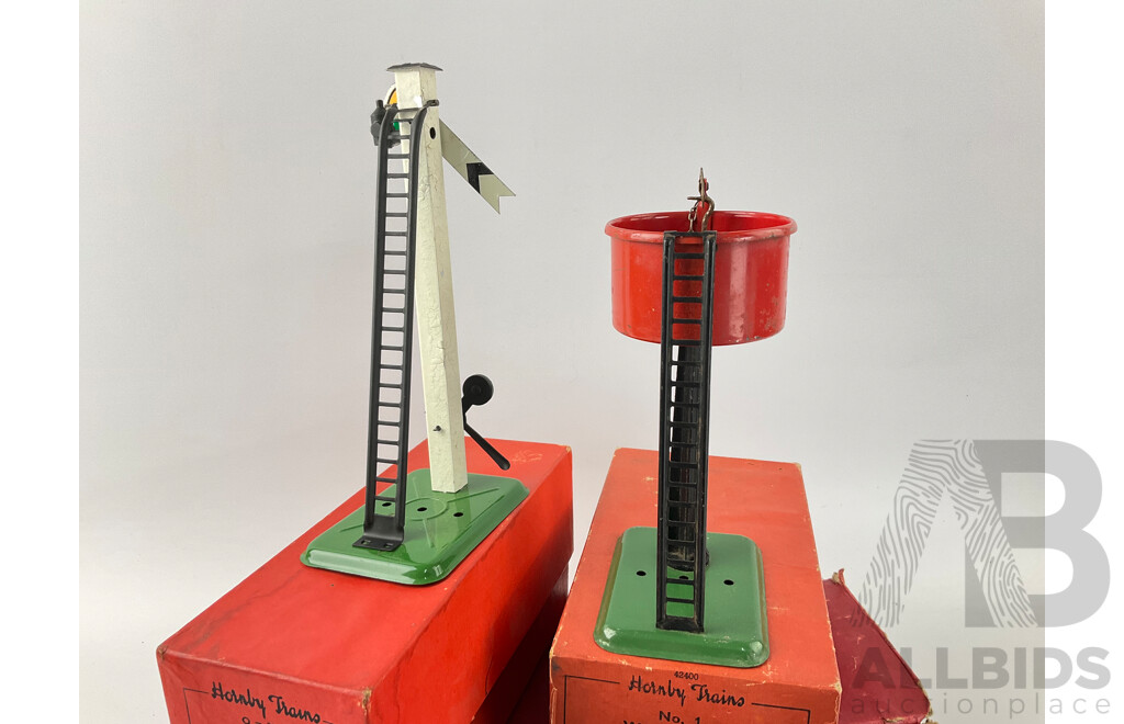 Vintage Hornby O Gauge Curved Track, Single Arm Signal and Water Tank with Original Boxes