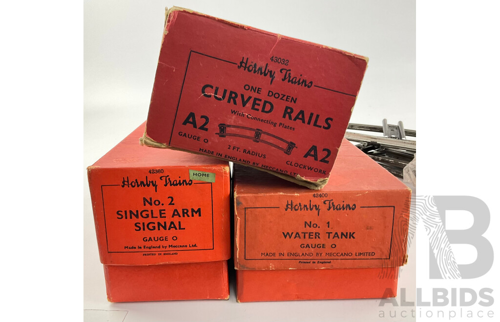 Vintage Hornby O Gauge Curved Track, Single Arm Signal and Water Tank with Original Boxes