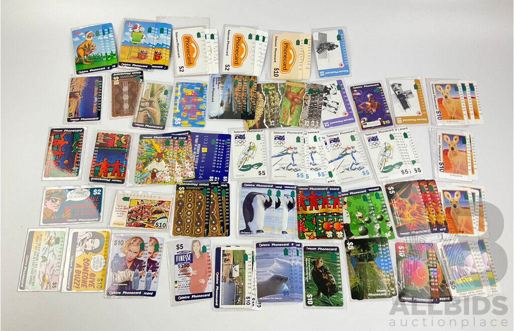 Collection of Australian 1990's Phonecards Including River Murray Victoria, Australia Day, Barcelona 1992, Protective Sleeves, Many Multiples