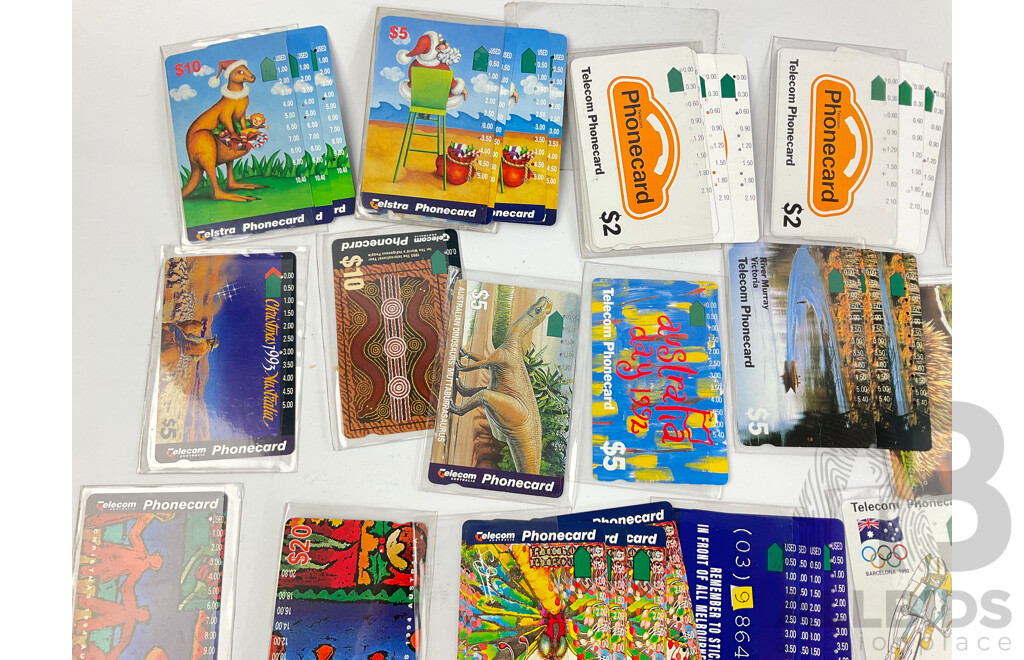 Collection of Australian 1990's Phonecards Including River Murray Victoria, Australia Day, Barcelona 1992, Protective Sleeves, Many Multiples