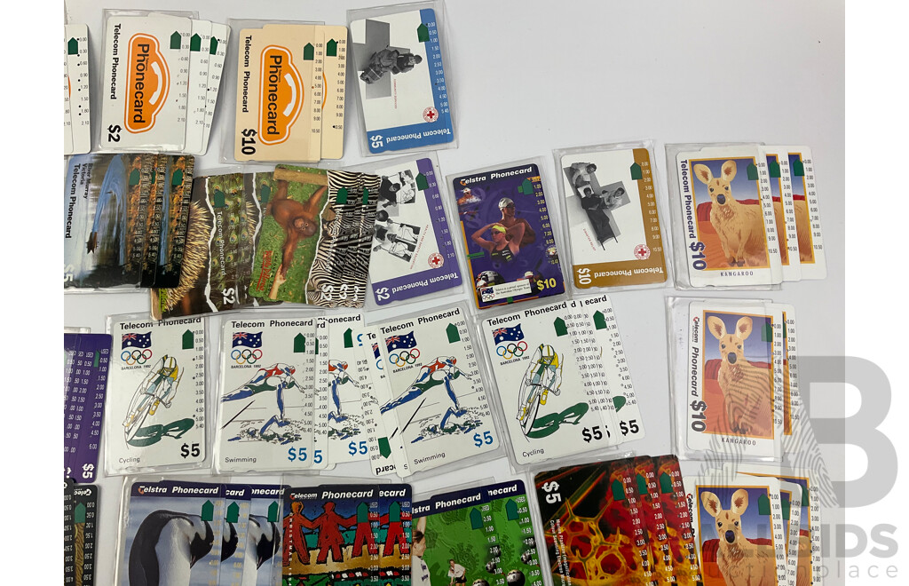 Collection of Australian 1990's Phonecards Including River Murray Victoria, Australia Day, Barcelona 1992, Protective Sleeves, Many Multiples