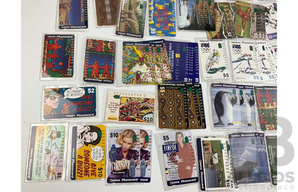 Collection of Australian 1990's Phonecards Including River Murray Victoria, Australia Day, Barcelona 1992, Protective Sleeves, Many Multiples