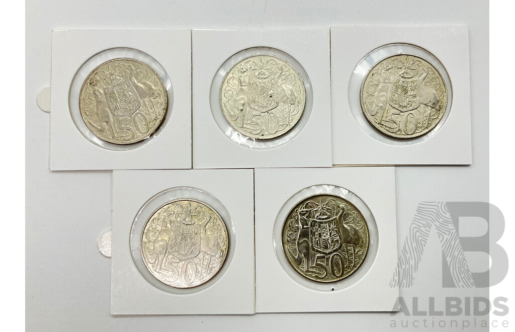 Australian 1966 Round Fifty Cent Coins .800 Silver (5)
