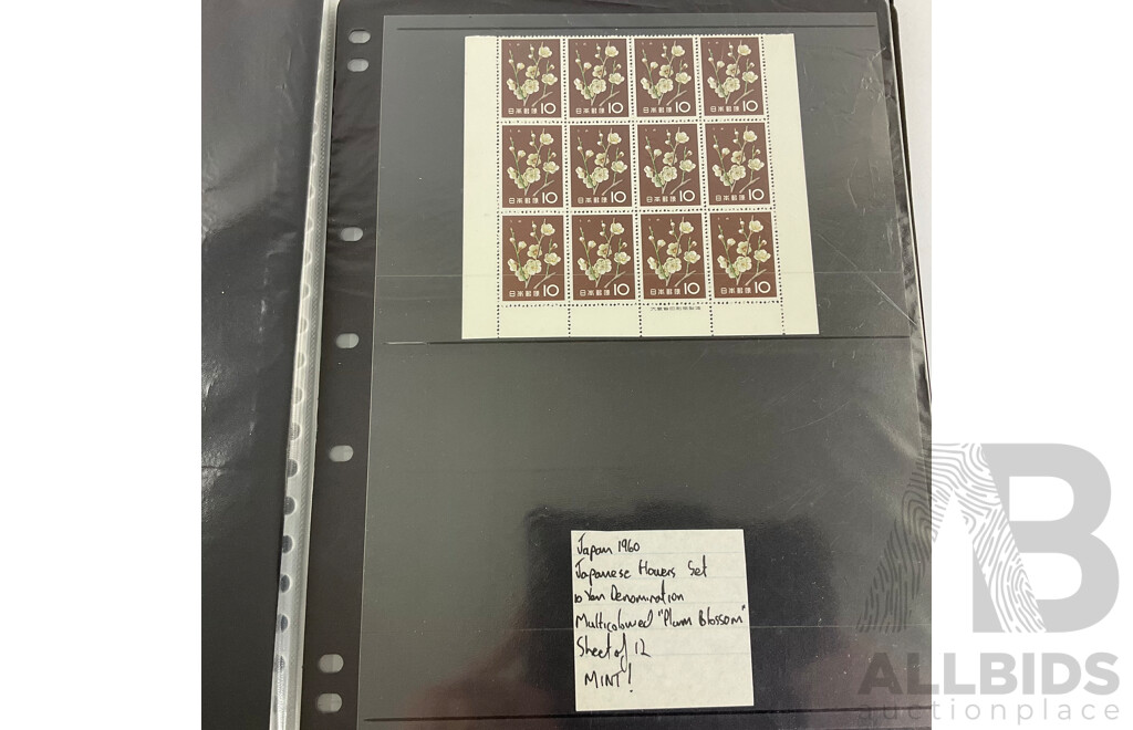 Album of Vintage Japanese Mint Stamp Sheets and Blocks, Examples Spanning 1959 to 1960