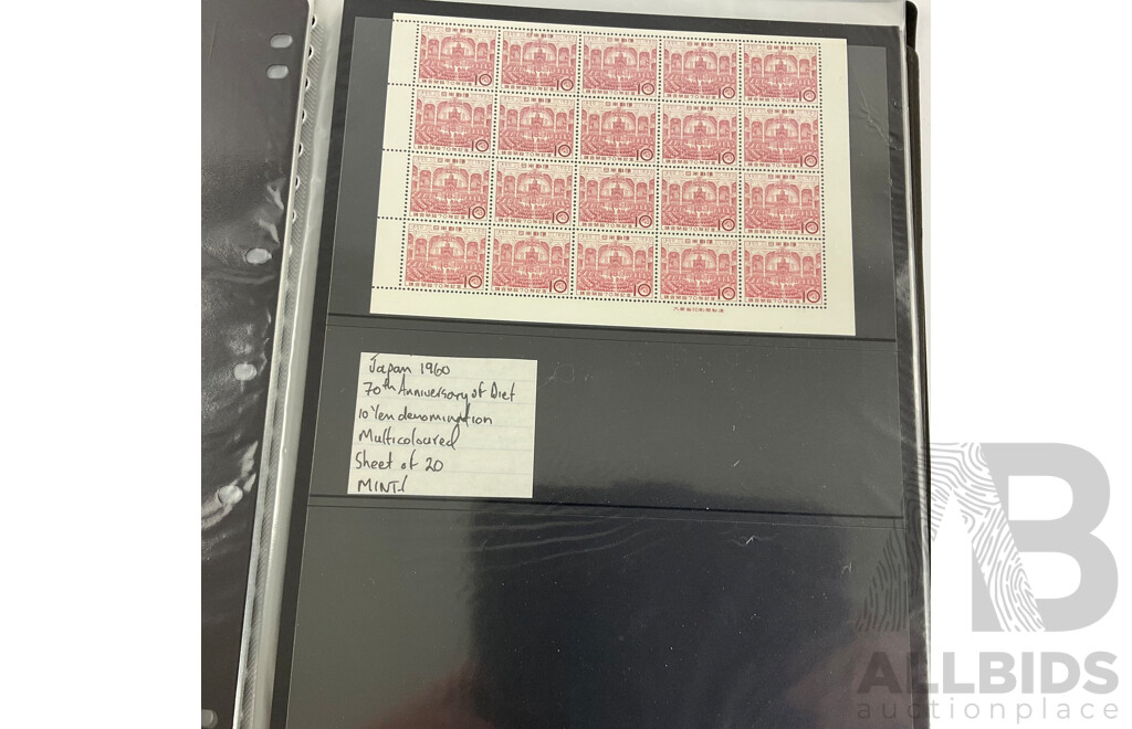 Album of Vintage Japanese Mint Stamp Sheets and Blocks, Examples Spanning 1959 to 1960
