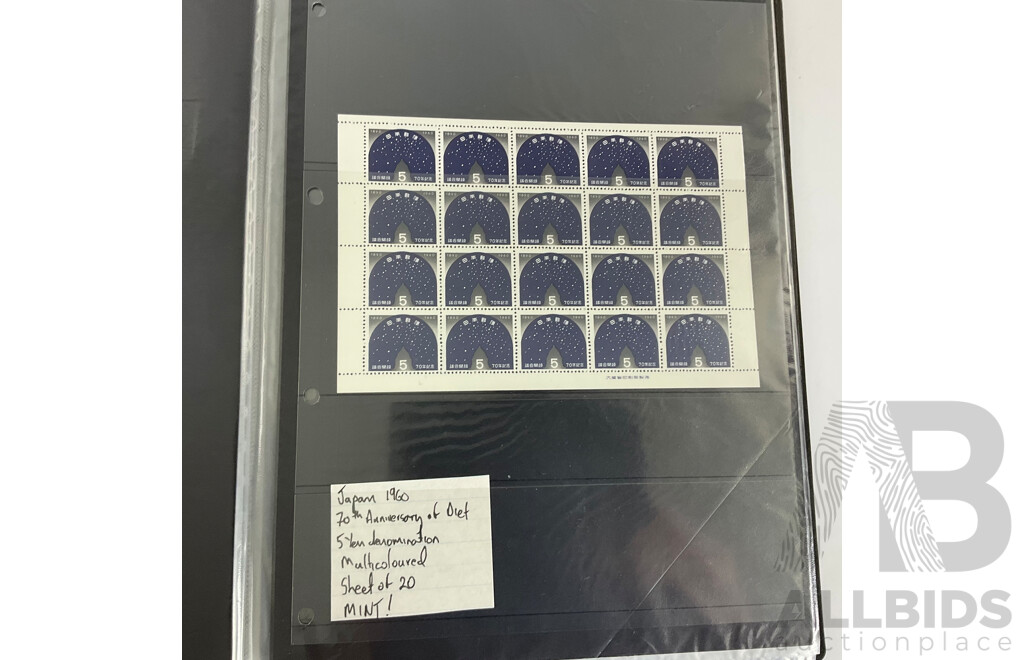 Album of Vintage Japanese Mint Stamp Sheets and Blocks, Examples Spanning 1959 to 1960