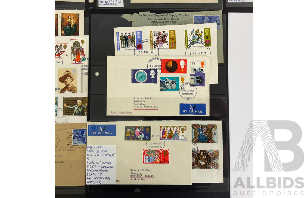 Collection of Vintage Great Britain First Day Covers and Post Cards Spanning 1904 to 1974 Including Airmails, Gandhi, Churchill, KEVII, KGVI, QE2