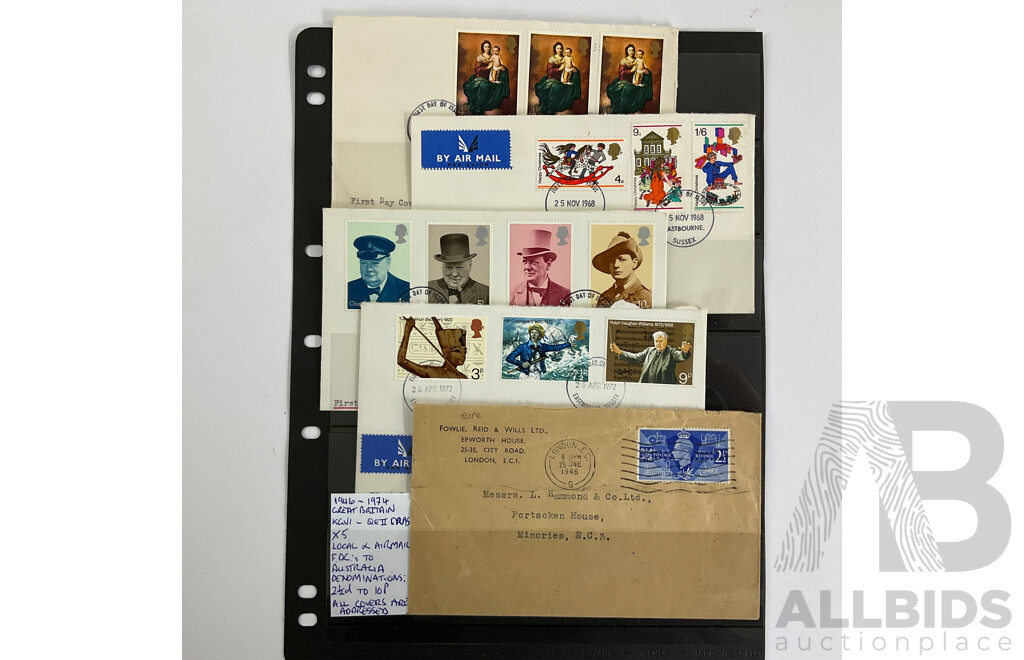 Collection of Vintage Great Britain First Day Covers and Post Cards Spanning 1904 to 1974 Including Airmails, Gandhi, Churchill, KEVII, KGVI, QE2