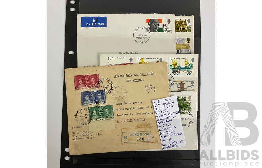 Collection of Vintage Great Britain First Day Covers and Post Cards Spanning 1904 to 1974 Including Airmails, Gandhi, Churchill, KEVII, KGVI, QE2