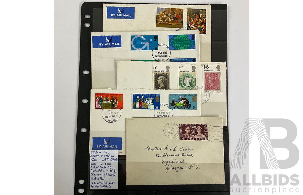Collection of Vintage Great Britain First Day Covers and Post Cards Spanning 1904 to 1974 Including Airmails, Gandhi, Churchill, KEVII, KGVI, QE2