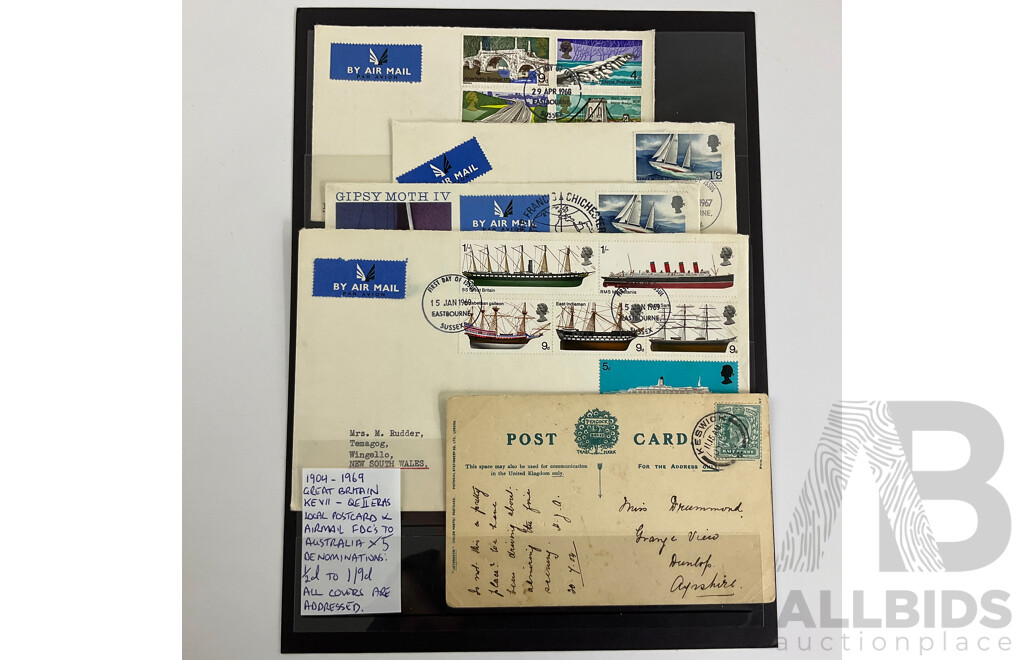 Collection of Vintage Great Britain First Day Covers and Post Cards Spanning 1904 to 1974 Including Airmails, Gandhi, Churchill, KEVII, KGVI, QE2