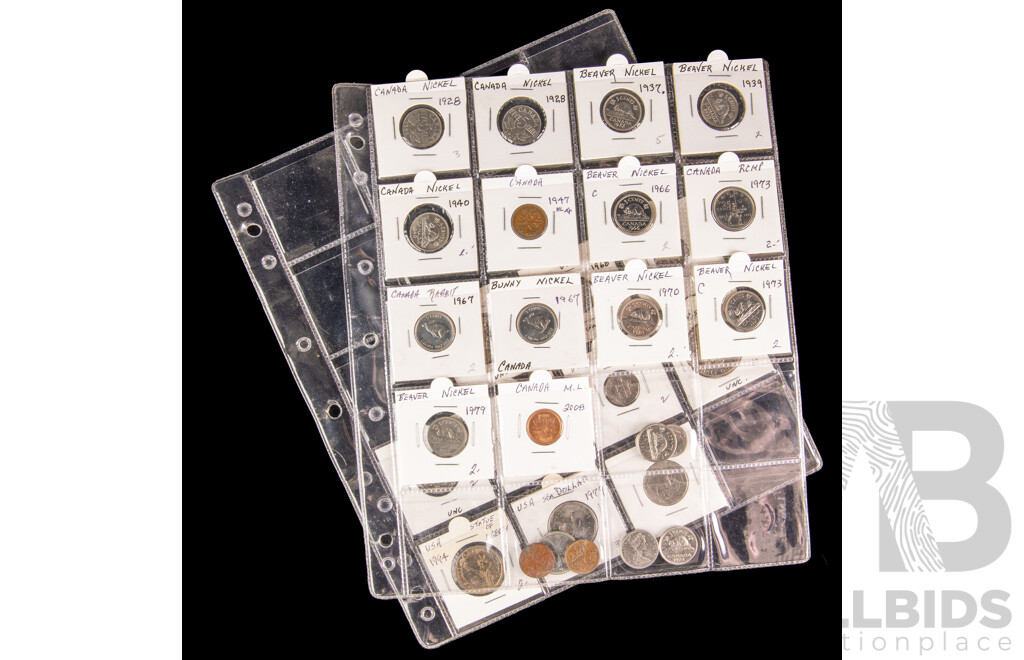 Collection of Canadian and USA Vintage Coins Including UNC Dimes, UNC 1977S Kennedy Half Dollar, Beaver and Bunny Nickles