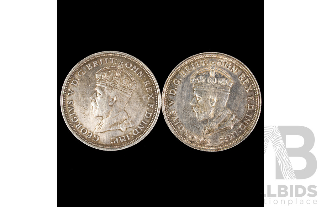 Two Australian 1927 KGV Silver Florins, One with Deep Strike Rim Error, Canberra Commemorative .925