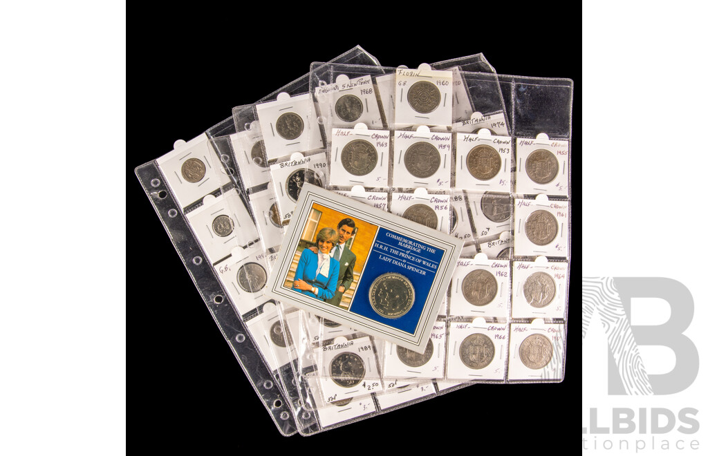 Collection of Vintage United Kingdom Coins Including Pounds, Half, Crowns, Shillings, New Pence, Commemorative, Examples Spanning 1903 to 2001