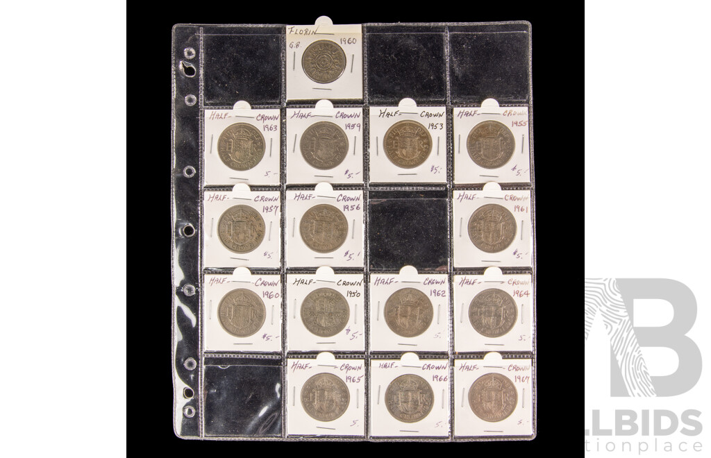Collection of Vintage United Kingdom Coins Including Pounds, Half, Crowns, Shillings, New Pence, Commemorative, Examples Spanning 1903 to 2001