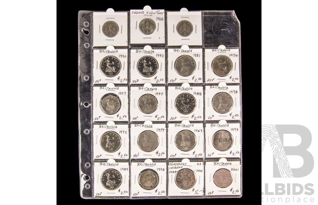 Collection of Vintage United Kingdom Coins Including Pounds, Half, Crowns, Shillings, New Pence, Commemorative, Examples Spanning 1903 to 2001
