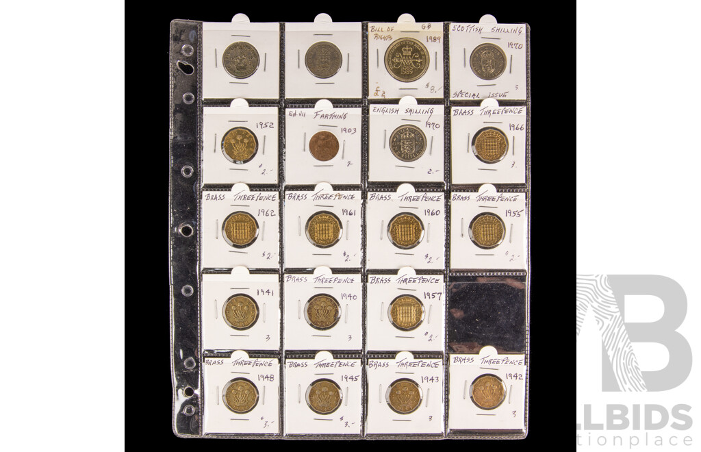 Collection of Vintage United Kingdom Coins Including Pounds, Half, Crowns, Shillings, New Pence, Commemorative, Examples Spanning 1903 to 2001